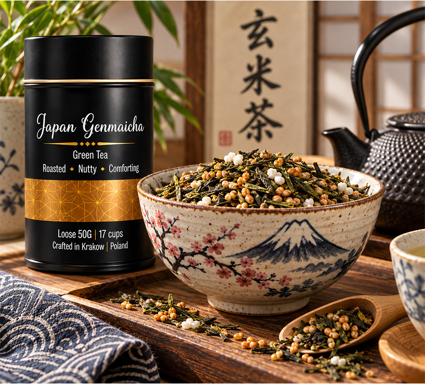 Japan Genmaicha Leo Tea – japońska herbata z prażonym ryżem w metalowej puszce 50g